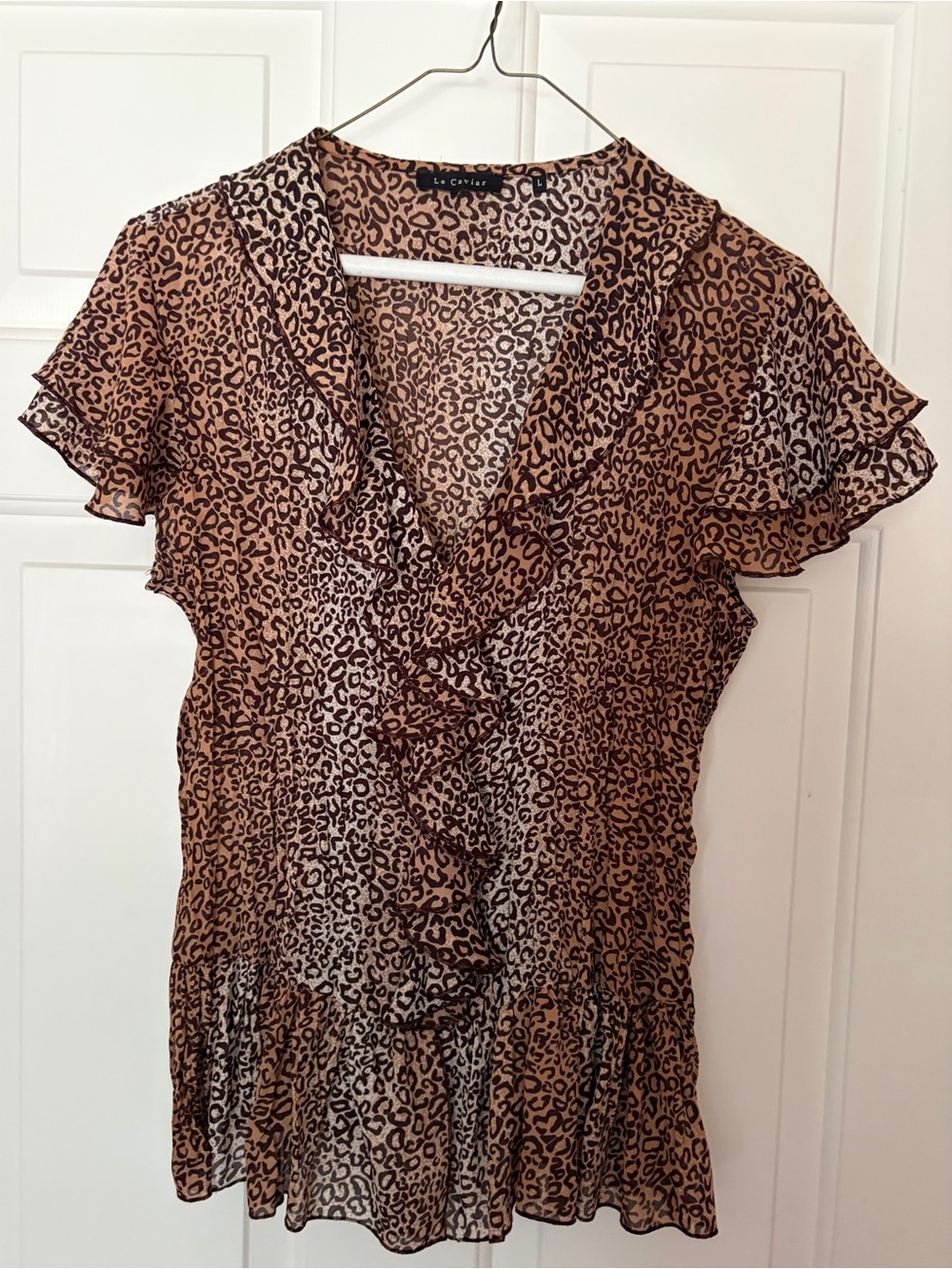 Le Caviar Brown Leopard Print Ruffle Blouse